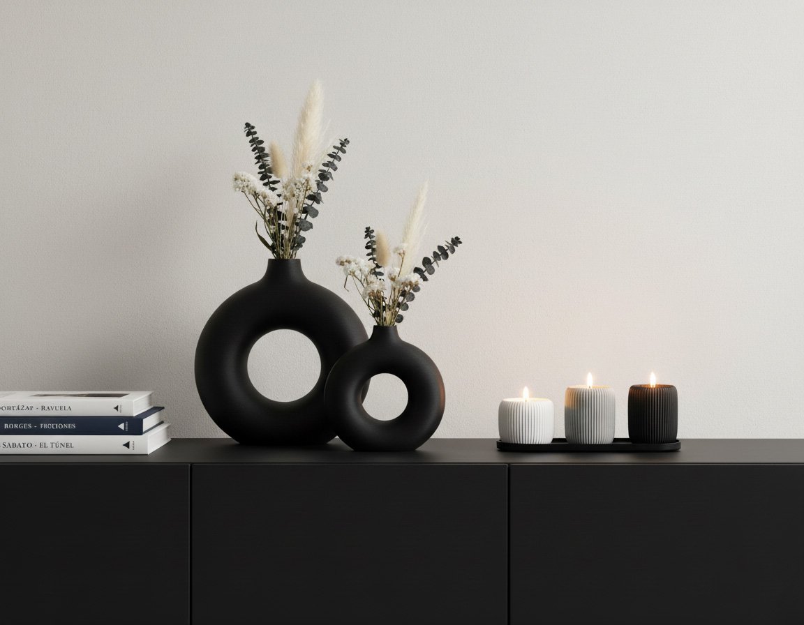 Piezas decorativas impresas en 3D: jarrones y velones sobre consola